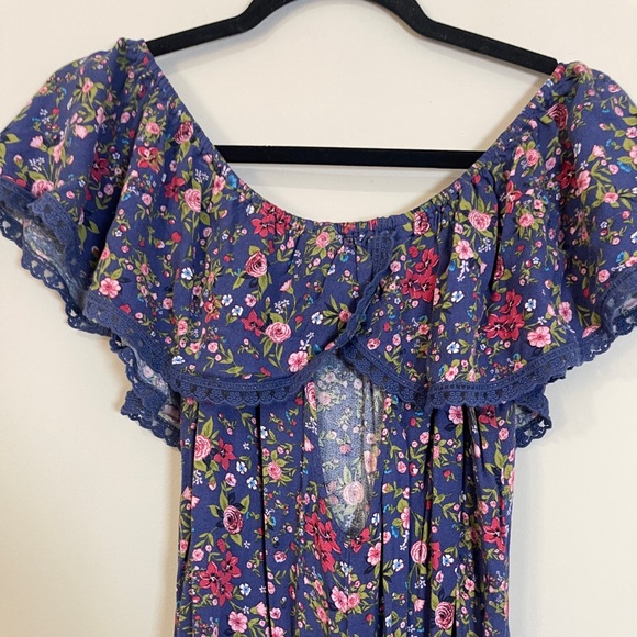 French Grey Womens Dress Size Small Blue Floral Open Back Eyelet Cottage Prairie - Picture 7 of 11